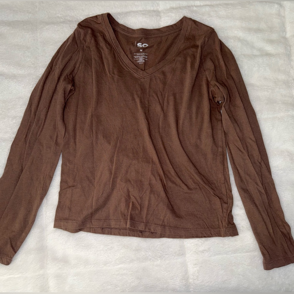 Brown Long Sleeve V-Neck Top